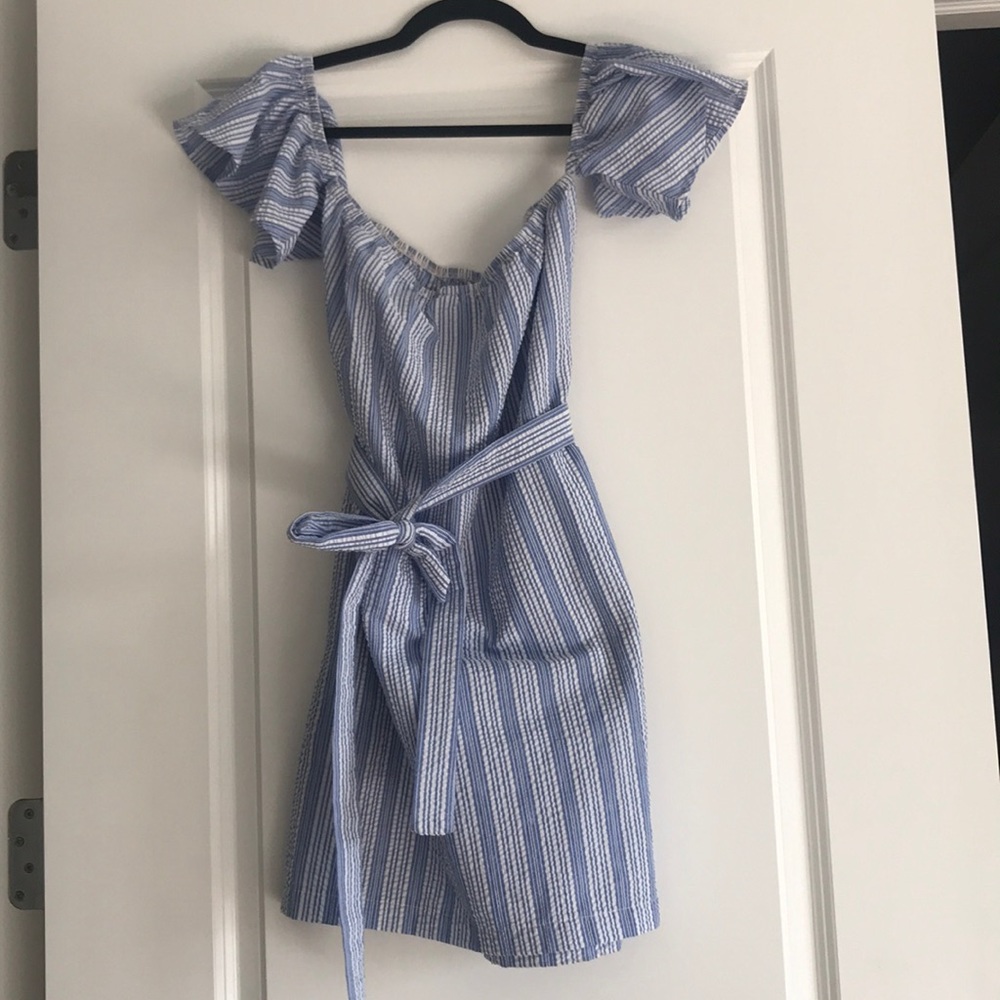 Off the shoulder seersucker dress